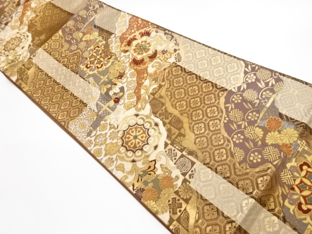 おすすめ リサイクル道長取りに華紋・菊・花菱・笹蔓緞子模様織出し